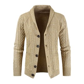 JMIERR Men's Cardigan Sweaters Fall Casual Long Sleeve Shawl Collar Button-Down Wool Blend Cable Knit Sweater with Pockets,XL,Khaki