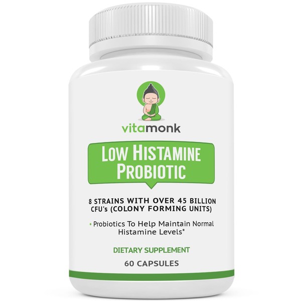 VitaMonk Low Histamine Probiotics Fight Histamine Intolerance and Support Balanced Gut Health - Histamine Free Probiotic for Those Seeking Health Improvements with Histamine Control -60 Capsules