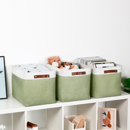 DULLEMELO 16 inch Fabric Storage Basket, Decorative Storage Boxes with Leather Handle for Closet Shelf Nursery, Collapsible Linen Storage Bins for Organizing Toys Book Towel Organizers(White&Green)