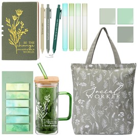 Reallnaive 15 Pcs Social Worker Appreciation Gifts with 16 oz Glass Cup Canvas Bag Notebook Ballpoint Pen Sticky Note for Christmas Women Bsw Msw Dsw Lcsw Volunteer Coworker Office Supplies(Green)