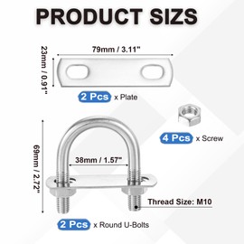 PATIKIL Round U-Bolts, 2 Pcs 1.5"(38mm) Inner Width 69mm Length M10 with Nut Plate Washer 304 Stainless Steel Round Bend U-Bolts for Boat Trailer Axle Sailboat