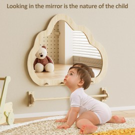 BZBRLZ Montessori Mirror with Bar, Baby Pull to Stand Toys, Easy Assembly Natural Frame, Adjustable Infant Mirror, Montessori Furniture for Toddler 6-18 Months-Natural