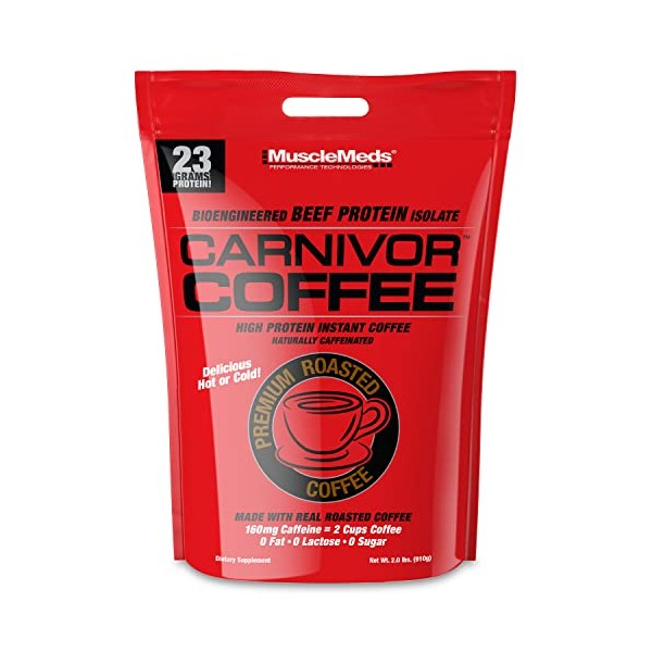 MuscleMeds CARNIVOR COFFEE, High Protein Energy Drink, Naturally caffeinated, 2 shots espresso, sugar free, lactose free, fat free, gluten free, premium roasted, delicious hot or cold, 28 servings 2 Lb (Packaging May Vary)
