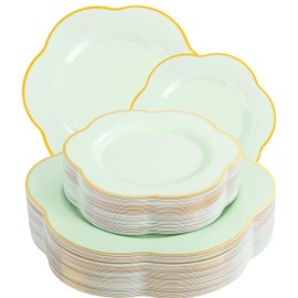 Liacere 50PCS Sage Green Plates - Heavy Duty Green Disposable Plates - Green and Gold Plastic Plates Include 25PCS Green Dinner Plates, 25PCS Green Dessert Plates for Easter&Baby Shower Gifts