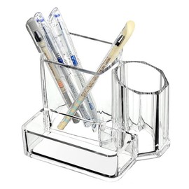 SVNXI Acrylic Desk Supplies Organizer Holder, 3 Compartments Office Desktop Caddy, Multi-function Pen Pencil Cup Phone Remote Control Stationery Storage Box for Home, School, Classroom, Clear (Clear)