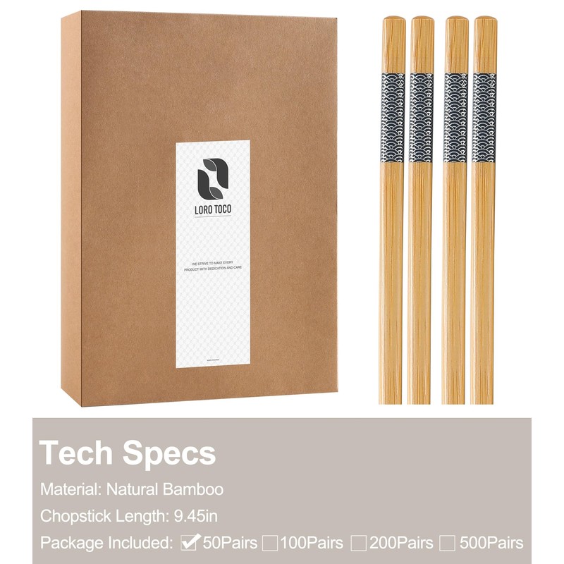LOROTOCO 50 Pairs Bamboo Chopsticks Disposable | Separated | Reusable