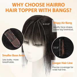 Hairro Human Hair Toppers For Women Wispy Air Bangs 3D Cover Remy Top Hair Pieces Clip On Wiglet Hair Extensions Handmade Toupee Hairpiece 10 Inch 36g #1B Natural Black