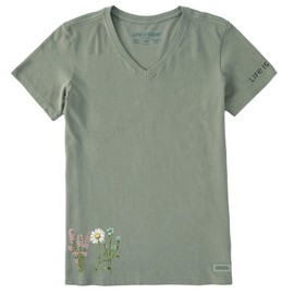 Life is Good. Women's Detailed Wildflower Garden Short Sleeve Crusher Vee, Moss Green, Large