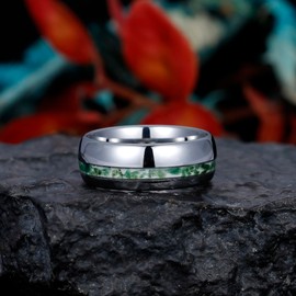 Reseldda Granular Moss Agate Inlay 8mm Tungsten Rings for Men - 14K White Gold Plated Men's Tungsten Carbide Wedding Bands Daily Wear - Art Deco Dome Polished Mens Wide Statement Ring Size 7