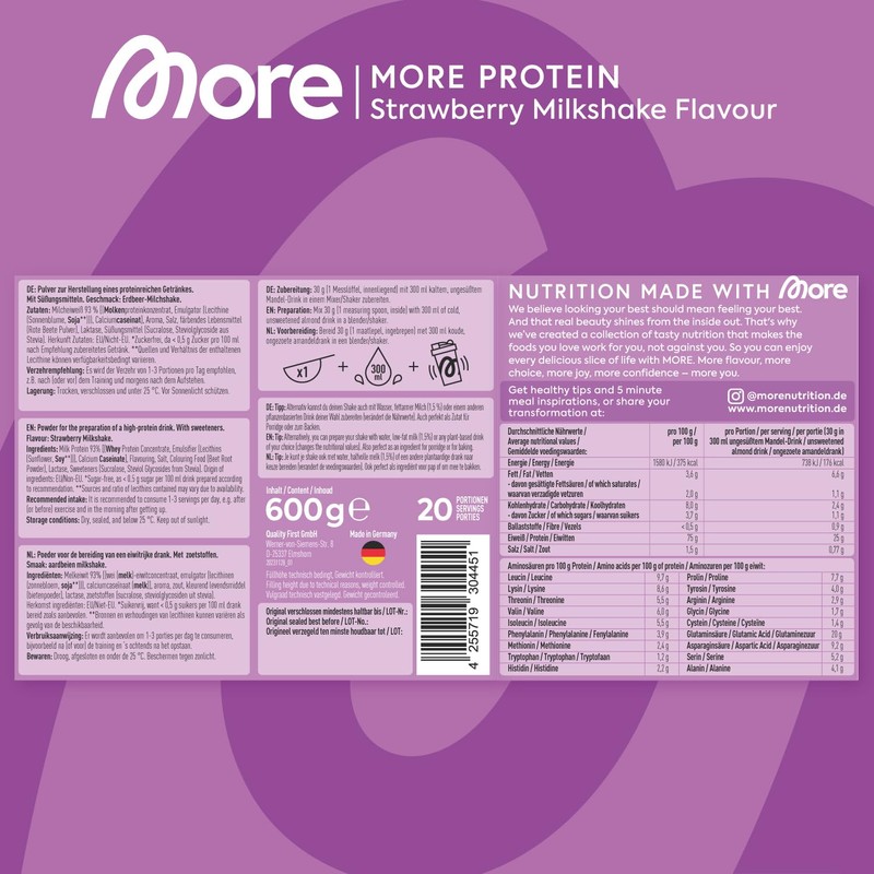 MORE Protein, Strawberry Milkshake, 600 g, Mix of Whey Concentrate