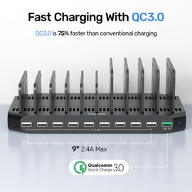 Unitek Base de Carga y Organizador de Dispositivos electrónicos de 60 W para teléfono Celular, 9.37 * 4.65 * 1.02 Inch, 10 Port +60W+1*QC 3.0