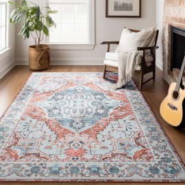 4x6 Washable Rug – Boho Non-Slip Indoor Area Rug for Living Room, Bedroom, Dining Room, Entryway – Light Blue and Terracotta Bohemian Style