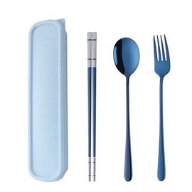 SBOMHS Portable Outdoor Travel Cutlery Set Blue Camping Cutlery to Go Picnic School Office Tableware for 1 Person Stainless Steel Chopsticks Korean Long Table Forks Soup Spoon Wheat Straw Gift Box