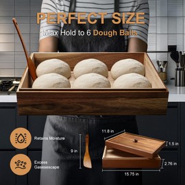 Wooden Pizza Dough Proofing Box with Spatula, 16'' x 12'' Fits 6 Dough Balls Proofing, Handmade from Natural Acacia Wood, Bread Dough Fermentation Storage Container for Home & Bakery with Handle