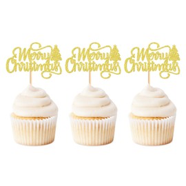 Keaziu - Paquete de 24 adornos para magdalenas de Navidad, color rojo, adornos para cupcakes, Navidad, decoración de tartas, color dorado