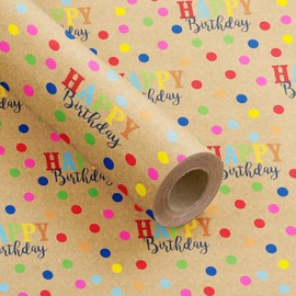 RUSPEPA Birthday Wrapping Paper Roll, Mini Roll, Colorful Polka Dots and Happy Birthday Text Kraft Gift Wrap Paper for Kids, Teens, Boys, Girls and Party Supplies, 17 Inches x 16.4 Feet