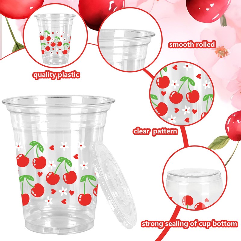 JarThenaAMCS 50Pcs Cherry Plastic Cups with Lids and Straws Red