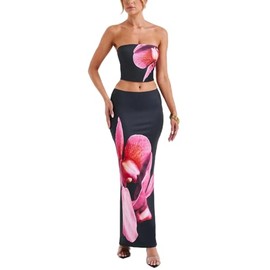 REASERAL Womens Summer Maxi Skirt Outfits Floral Print Tube Top Maxi Skirts Vacation Going Out Outfits