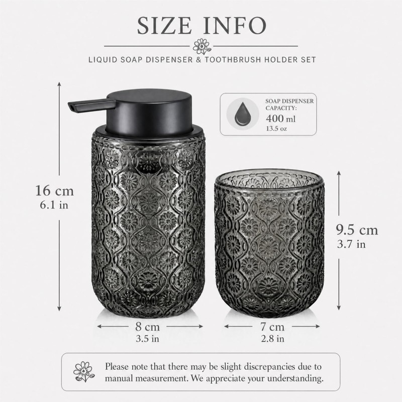 Grey Glass Bathroom Liquid soap Dispenser and Toothbrush Holder Set