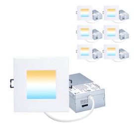 POPANU Recessed Lighting 4-inch Square-LED - Canless Recessed Light Fixture, Dimmable Ceilling Light with Junction Box, 2700|3000|3500|4000|5000K, 9W, White, 6P