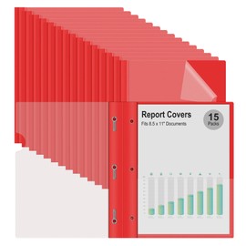 Ndsox 15 Packs Clear Front Report Covers with 3-Prong Fasteners, Plastic Project Presentation Folders Resume Document Covers with Red Back for 8.5" x 11" Letter Size Paper for School Office Business