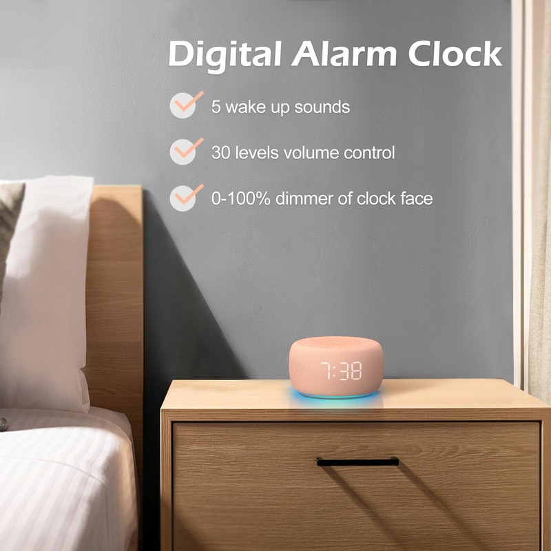 Buffbee Sound Machine & Alarm Clock 2-in-1, 0-100% Clock Face