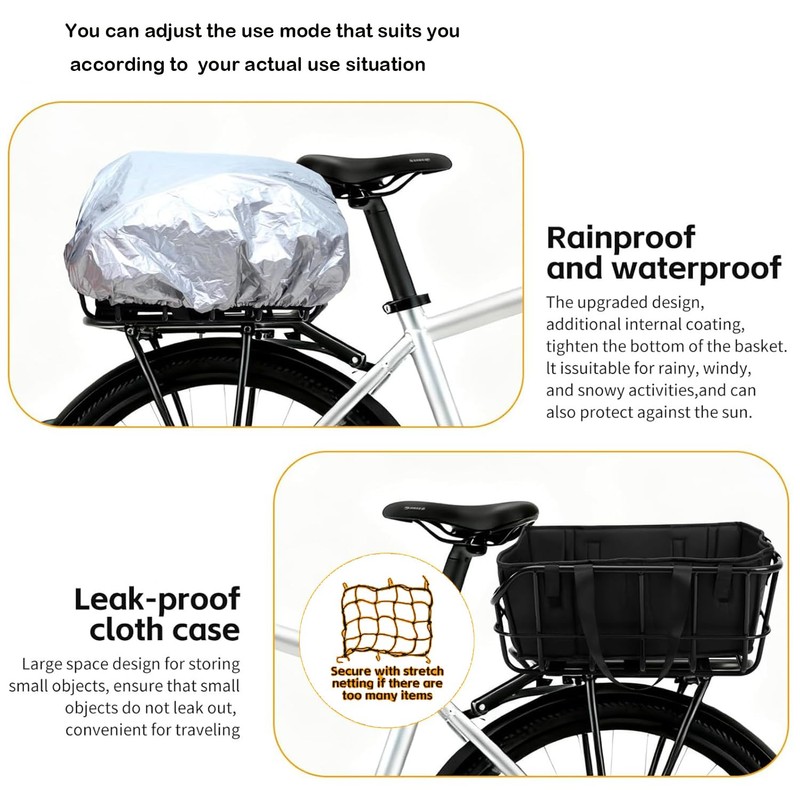 Rear Bike Basket, Black Metal Wire Bicycle Cargo Carrier with