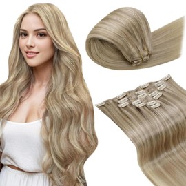 LaaVoo Clip-In Real Hair Extensions, 55 cm, Blonde Extensions, Remy Golden Blonde Highlight Medium Blonde, Double Wefts, 135 g, 7 Pieces, #P16/22
