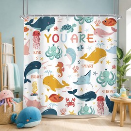 Riyidecor 4PCs Ocean Kids Shower Curtain Bathroom Set with Non-Slip Rugs, Toilet Lid Cover and Bath Mat Funny Cartoon Inspirational Quote Waterproof 12 Pack Hooks 72x72 inch Whale Shower Curtain Decor