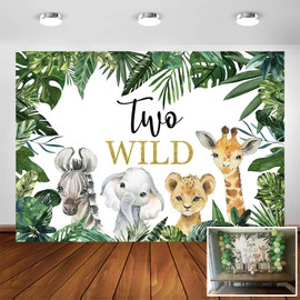 Avezano Two Wild Backdrop for Boy Birthday Party Jungle Safari Animals Zoo Green Leaves Photography Background Two Wild Boy 2nd Second Birthday Party Photoshoot Decoration Banner (7x5ft)