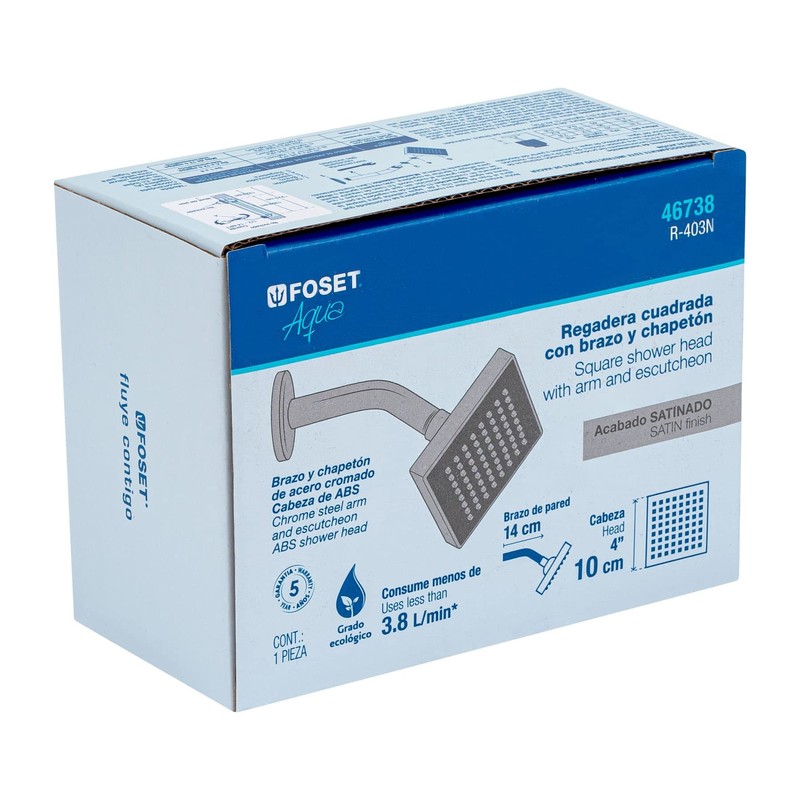 Foset Aqua R-403N Regadera cuadrada 4" acabado satín con brazo