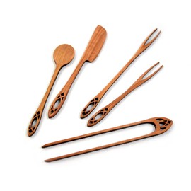 American Made 5-Piece Wild Cherry Wooden Appetizer Serving Set, Cathedral Collection: Olive Fork, Pickle Fork, Spoon, Tongs, Spreader