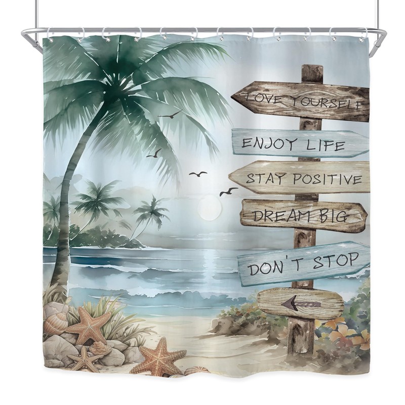 Riyidecor Tropical Beach Palm Tree Shower Curtain for Bathroom Decor