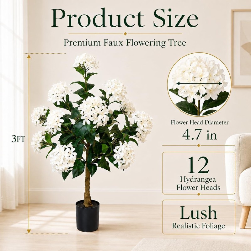 2 Pack 3FT Artificial Hydrangea Trees Faux Plants in Pot