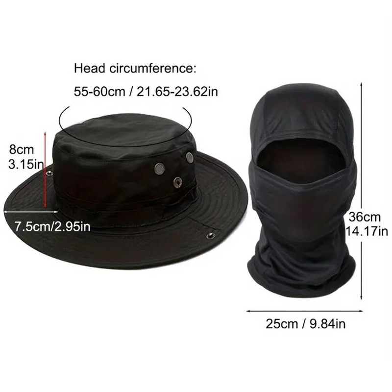 Black Tactical Boonie Hat and Balaclava Set Face Mask Head
