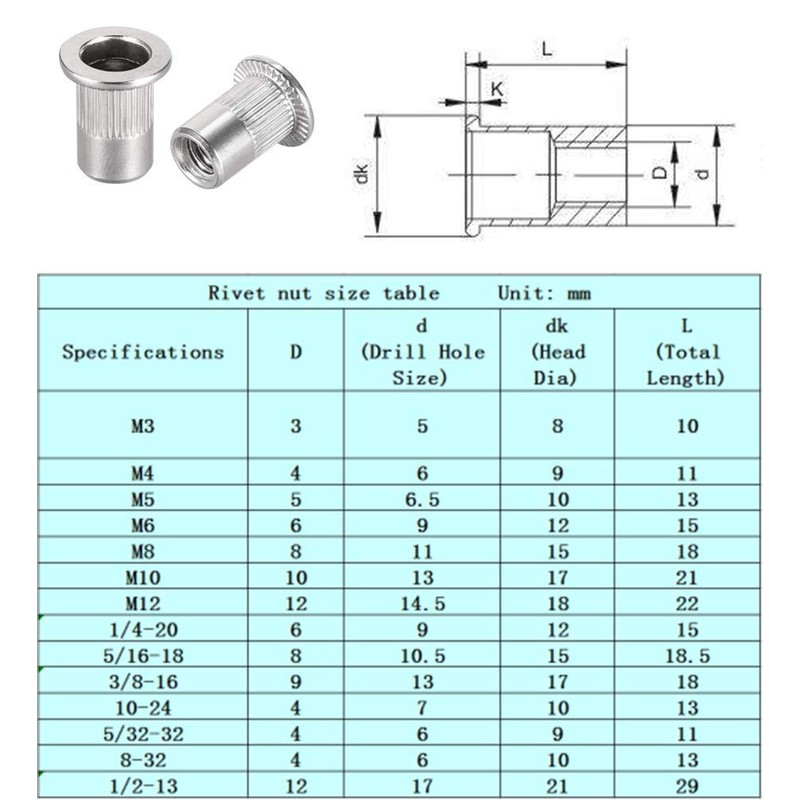 RUOFENG 304 Stainless Steel M8 Silver Tone Knurled Rivet Nut