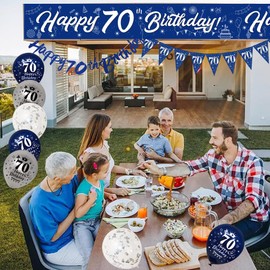 Yontree Happy 70th Birthday Decorations for Men,Navy Blue Silver 70th Birthday Banners,70th Birthday Party Decorations,Birthday 9ft Banner Bunting Sash Confetti Latex Balloons Cake Toppers Triangle Flags