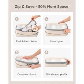 4 Set Compression Packing Cubes for Travel, Bonus Versatile Drawstring Backpack, Lightweight Luggage Organizer Bags, Sturdy Travel Accessories for Suitcase, Beige