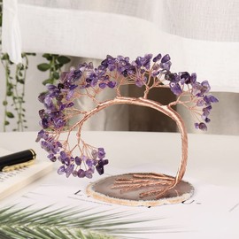 Sumgiftforall Handmade Natural Crystal Quartz Tree Tumbles Stone Bonsai Money Tree on Geode Agate Base Feng Shui Home Office Desk Decoration for Health and Luck, Amethyst