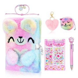Secret Diary for Girls, Notebook with Padlock, Private Notebook with Purse, Star Bracelet, Multicolor Pen, Decorative Stickers, Furry Keychain for Girls Boys