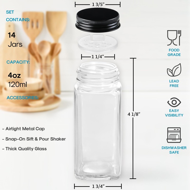 AOZITA 14 Pcs Glass Spice Jars with Black lids -