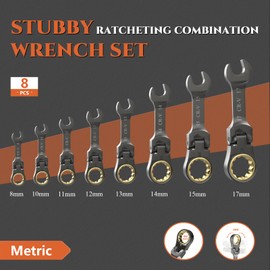 SUZUME Stubby Wrench Set 8PCS Metric (8-17mm) 180° Flexible Head 10K Gear Cycles Tested 90-Tooth CR-V Steel for Tight Engine Bays & with Motorcycle Repair with Rolling Pouch​
