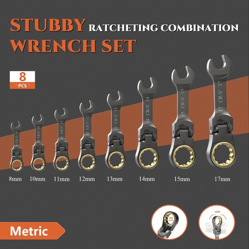 SUZUME Stubby Wrench Set 8PCS Metric (8-17mm) 180° Flexible Head
