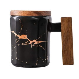 Coffeezone Luxury Golden Marble 10.5 Oz Matte Ceramic Latte Coffee Tea Cups with Wood Saucers (Black, Cup & Saucer)
