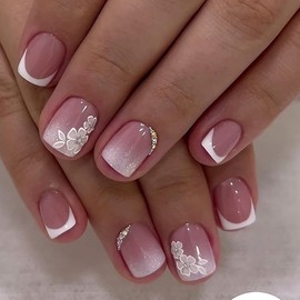 24 Pcs Pink Press on Nails Short Square Nail Tips,YEFIUO Ombre French Acrylic Fake Nails Press ons with Flower Rhinestones Design Glue on Nails Full Cover Reusable False Nails Art Kit for Ma'am