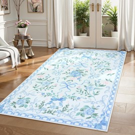 Collive 3x5 Nursery Rug, Boho Blue Floral Area Rugs Machine Washable, Soft Ultra-Thin Bow Carpet Non Slip for Girls Room Bedroom Entryway Playroom Living Room (Blue, 3' X 5')