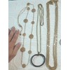 Gold tone necklaces + pendants. leather ring, rhinestone tear drop,