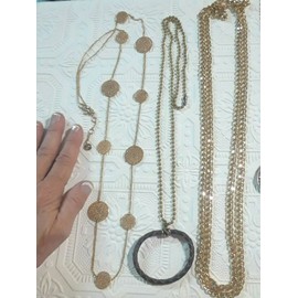 Gold tone necklaces + pendants. leather ring, rhinestone tear drop, d cut. ALL 6