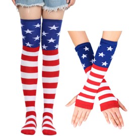 AUOCATTAIL 4th of July American Flag Star Stripe Knee Thigh High Socks Red White Blue Long Fingerless Gloves Knitted Arm Leg Warmers Set for Women Girls Independence Day Party Supplies