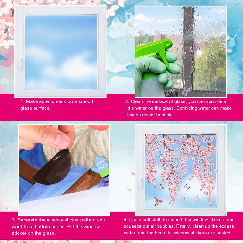 Whaline 9 Sheets Cherry Blossom Floral Window Clings Spring Glass